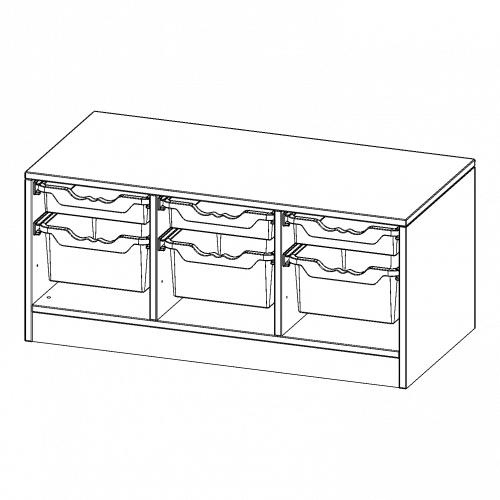 ErgoTray Regal, dreireihig, 1 Ordnerhöhe - evo180 Serie B/H/T: 104,5x46x50 cm, mit Sockel (81 mm), 3 flache und 3 hohe ErgoTray Boxen