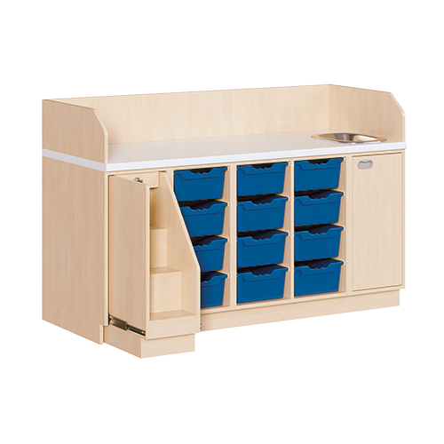 Wickelkommode, vierreihig zuzüglich Waschbecken B/H/T: 179x113x91,5 cm, Ausziehbarer Aufstieg links, 12 Boxen und Waschbecken rechts