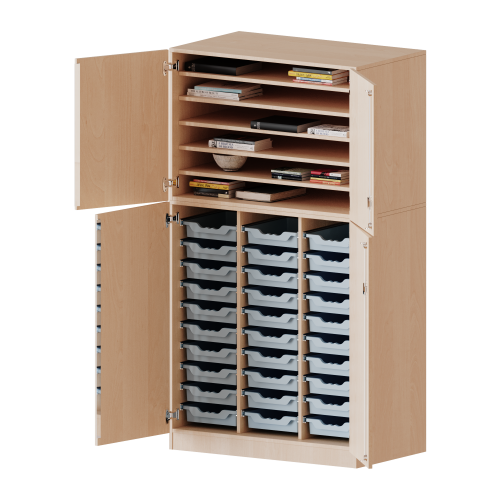 Bastelschrank, 5 Ordnerhöhen - Serie evo180 B/H/T: 104,5x190x60 cm, 4-türiger Schrank mit 30 flachen ErgoTray Boxen, zweiteilig, mit Sockel (81 mm)