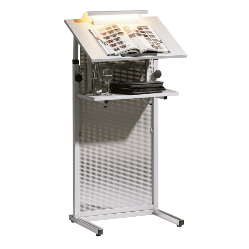 Rednerpult mit Lochblech Frontblende der Serie RP 7 B/H/T: 60x111-133x45 cm, fahrbar