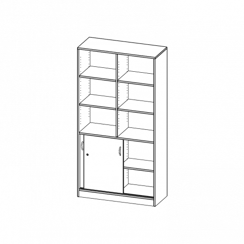 Kombischrank, 5 Ordnerhöhen, Schiebetüren unten (2 OH), oben 3 offene Fächer - Serie evo180 B/H/T: 100x190x40 cm, 2 Schiebetüren, abschließbar, mit Sockel (81 mm)