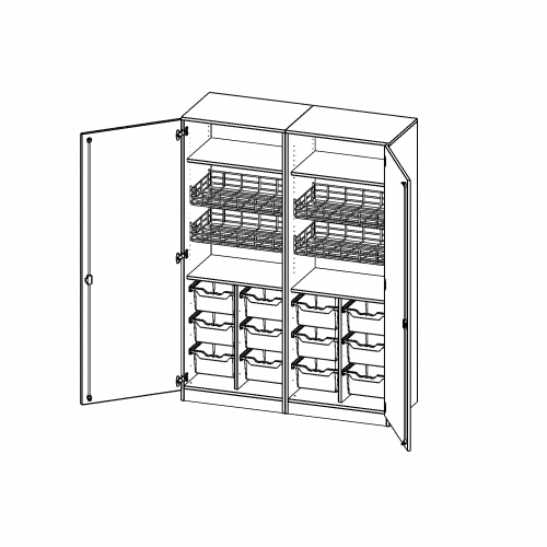 Sportschrank, 5 Ordnerhöhen - Serie evo180 B/H/T: 140,6x190x60 cm, 4 Ballkörbe, 12 hohe ErgoTray Boxen, mit Sockel (81 mm)