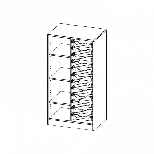 ErgoTray Regal, zweireihig, 3,5 Ordnerhöhen - evo180 Serie B/H/T: 70,3x136x50 cm, mit Sockel (81 mm), links 4 Fächer, rechts 12 flache ErgoTray Boxen