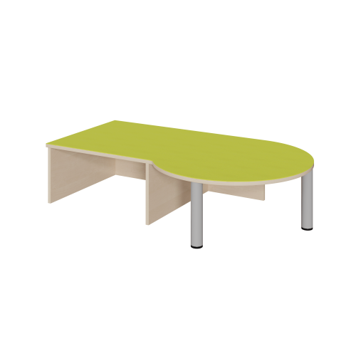 Podest mit Linoleum-Deckplatte und Nische, Rundungsansatz rechts B/H/T: 150x35x87/70 cm, Rundungsansatz rechts und Rollkastennische links