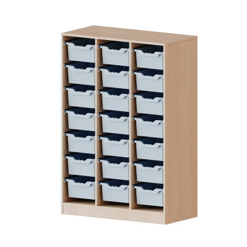 ErgoTray Regal, dreireihig, 4 Ordnerhöhen - evo180 Serie B/H/T: 104,5x154x40 cm, mit Sockel (81 mm), 21 hohe ErgoTray Boxen