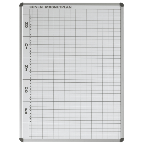 Stundenplantafel aus Premium Stahlemaille in weiß B/H: 77x103 cm, 8 Stunden, 15 Klassen, Stahlemaillie weiß, magnethaftend, mit Whiteboardmarkern beschreibbar