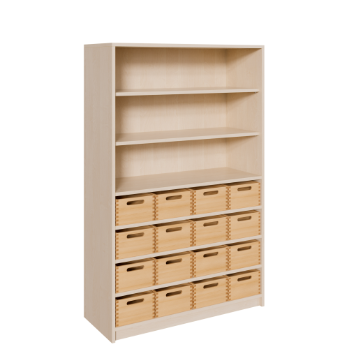Korpus-Regal mit Materialkästen und offenen Fächern B/H/T: 102x160x40 cm, unten mit 16 Massivholz-Kästen (ohne Sichtfenster), oben Regal mit 3 Fächern