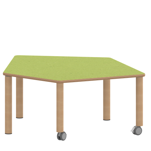Tisch ZALOTTI mit Linoleum-Belag Fünfecktisch-klein, B/H/T: 121x41x110 cm, Massivholzbeine Ø 60 mm, Fußvariante: fahrbar