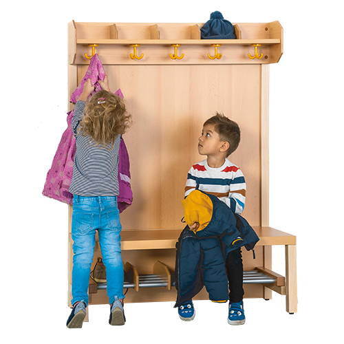 Komplettgarderobe mit offener Ablagereihe B/H/T: 80x130x39 cm, 4 Plätze, Sitzhöhe: 26 cm, Stütze mit Paneelrückwand, mit Schuhrost aus Aluminiumrohren
