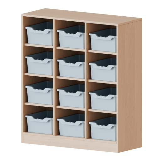 Taschenregal, 3 Ordnerhöhen - Serie evo180 B/H/T: 104,5x118x40 cm, 12 halbhohe Fächer, je mit einer hohen ErgoTray Box, mit Sockel (81 mm)