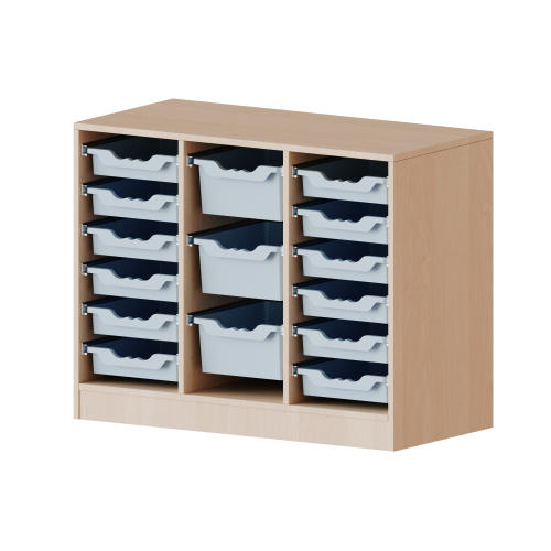 ErgoTray Regal, dreireihig, 2 Ordnerhöhen - evo180 Serie B/H/T: 104,5x82x40 cm, mit Möbelstellfüßen, rechts und links je 6 flache, in der Mitte 3 hohe ErgoTray Boxen