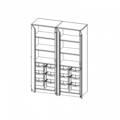 ErgoTray Schrank, zweiteilig, vierreihig, 5 Ordnerhöhen - evo180 Serie B/H/T: 140,6x190x50 cm, viertürig, zweiteilig, mit Sockel (81 mm), mit Mittelwand, mit 12 hohen ErgoTray Boxen