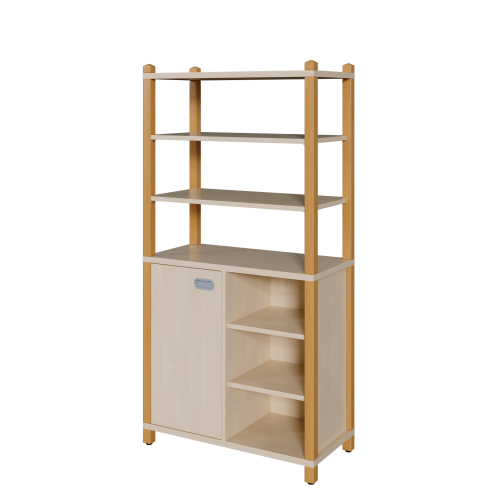 Stollen-Schrank mit einseitiger Tür und 3 offenen Fächern, hoher offener Regalaufsatz B/H/T: 82x160x40 cm, Tür links, Regal rechts, 6 Einlegeböden hoher Regalaufsatz mit 3 Fächern
