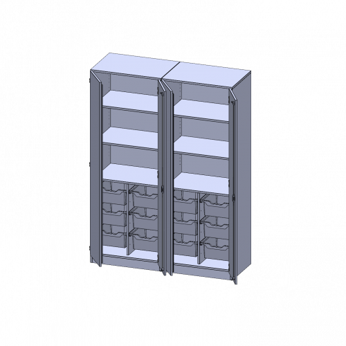 ErgoTray Schrank, zweiteilig, vierreihig, 5 Ordnerhöhen - evo180 Serie B/H/T: 140,6x190x50 cm, viertürig, zweiteilig, mit Sockel (81 mm), mit Mittelwand, mit 12 hohen ErgoTray Boxen