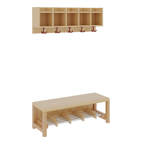 Komplettgarderobe mit einfacher Ablagereihe B/T: 100x35 cm, 5 Plätze, Sitzhöhe 34 cm, 2teilig ohne Stütze, Ablage zur Wandmontage, Alurohr-Schuhrost mit Trennungen
