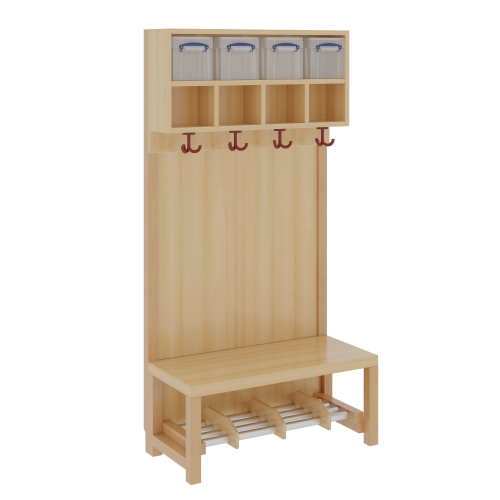 Komplettgarderobe mit doppelter Ablagereihe inklusive Boxen B/H/T: 80x158x39 cm, 4 Plätze, Sitzhöhe 34 cm, Stütze mit Paneelrückwand, Schuhrost aus Aluminiumrohren mit Trennungen