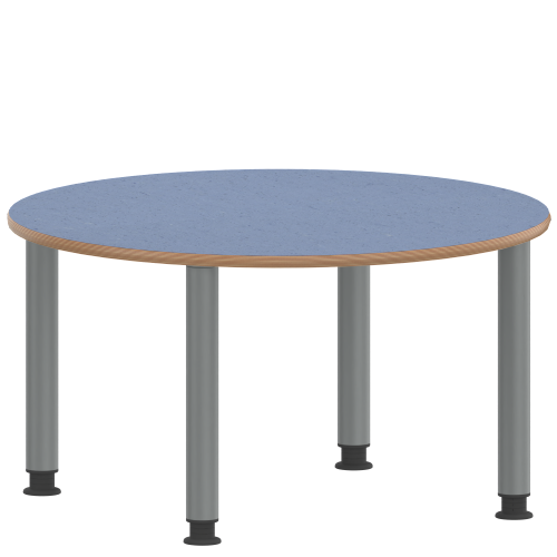 Tisch ZALOTTI mit Linoleum-Belag Rundtisch, Durchmesser/H: 100x41 cm, Stahlrohrbeine Ø 60 mm, Fußvariante: höhenverstellbar (41/55 cm), Tischbeine mit RAL-Farbe 9006 (weißaluminium)