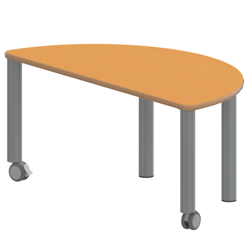 Tisch ZALOTTI mit Linoleum-Belag Halbrundtisch, B/H/T: 120x41x60 cm, Stahlrohrbeine Ø 60 mm, Fußvariante: fahrbar, Tischbeine mit RAL-Farbe 9006 (weißaluminium)