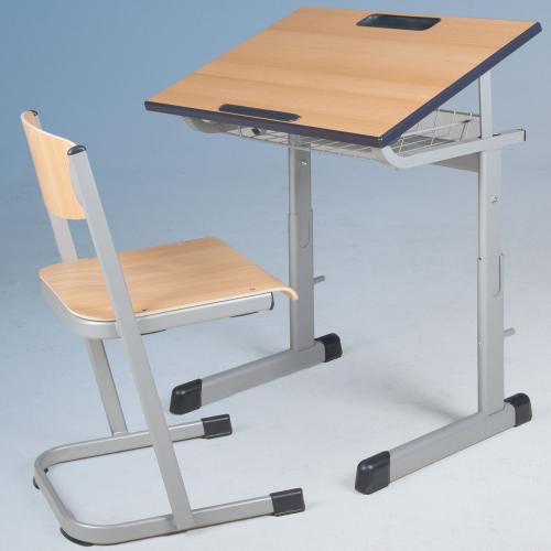 Zweier-Schülertisch TSH50Z-K mit melaminharzbeschichteter Tischplatte, schräg- und höhenverstellbar B/H/T: 130x59-76x55 cm, mit Drahtkorb und Kunststoffablage
