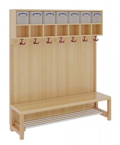 Komplettgarderobe mit doppelter Ablagereihe inklusive Boxen B/H/T: 140x158x39 cm, 7 Plätze, Sitzhöhe: 26 cm, Stütze mit Paneelrückwand, mit Schuhrost aus Aluminiumrohren