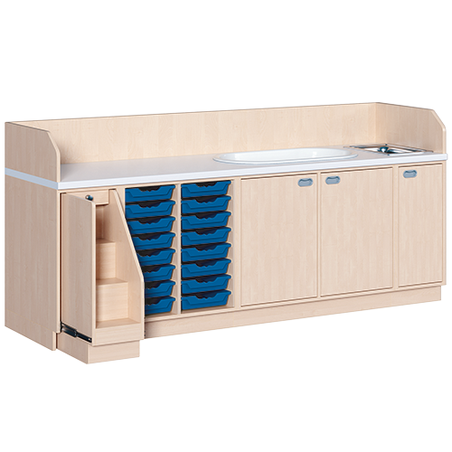 Wickelkommode, dreireihig zuzüglich Badewanne und Waschbecken B/H/T: 249x113x91,5 cm, Ausziehbarer Aufstieg links, 16 Boxen und Badewanne, Waschbecken rechts