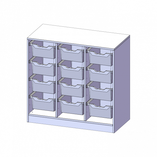 ErgoTray Regal, dreireihig, 2,5 Ordnerhöhen - evo180 Serie B/H/T: 104,5x100x50 cm, mit Sockel (81 mm), 12 hohe ErgoTray Boxen