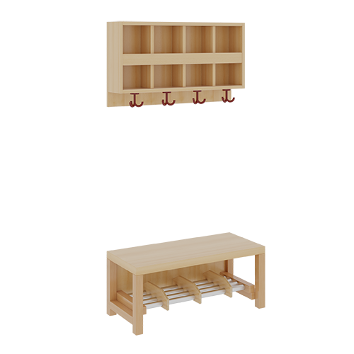 Komplettgarderobe mit doppelter Ablagereihe B/T: 80x35 cm, 4 Plätze, Sitzhöhe 42 cm, 2teilig ohne Stütze, Ablage zur Wandmontage, Alurohr-Schuhrost mit Trennungen