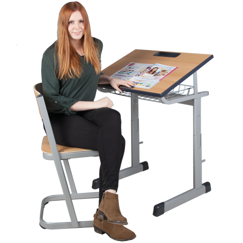 Zweier-Schülertisch TSH50Z-K mit melaminharzbeschichteter Tischplatte, schräg- und höhenverstellbar B/H/T: 130x59-76x55 cm, mit Drahtkorb und Kunststoffablage