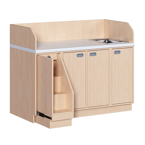 Wickelkommode, dreireihig zuzüglich Waschbecken B/H/T: 143x113x91,5 cm, Ausziehbarer Aufstieg links, Türen und Waschbecken rechts