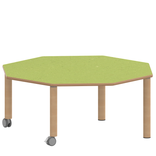 Tisch ZALOTTI mit Linoleum-Belag Achtecktisch, B/H/T: 120x41x120 cm, Massivholzbeine Ø 60 mm, Fußvariante: fahrbar