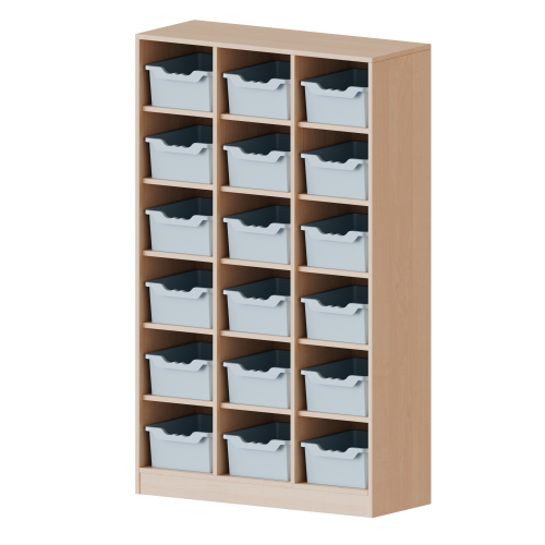 Taschenregal, 4,5 Ordnerhöhen - Serie evo180 B/H/T: 104,5x172x40 cm, 18 halbhohe Fächer, je mit einer hohen ErgoTray Box, mit Sockel (81 mm)