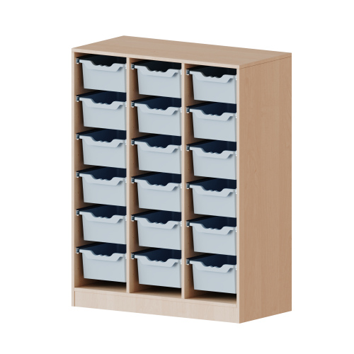 ErgoTray Regal, dreireihig, 3,5 Ordnerhöhen - evo180 Serie B/H/T: 104,5x136x40 cm, mit Sockel (81 mm), 18 hohe ErgoTray Boxen