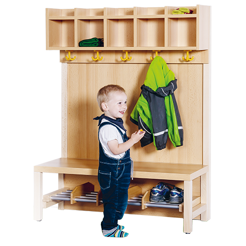 Komplettgarderobe mit einfacher Ablagereihe B/H/T: 100x158x39 cm, 5 Plätze, Sitzhöhe 42 cm, Stütze mit Paneelrückwand, Alurohr-Schuhrost mit Trennungen