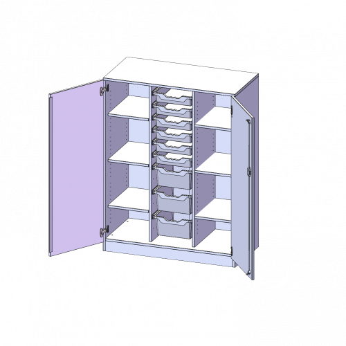 ErgoTray Schrank, dreireihig, 3,5 Ordnerhöhen - evo180 Serie B/H/T: 104,5x136x50 cm, zweitürig, mit Sockel (81 mm), mit 6 flachen und 3 hohen ErgoTray Boxen