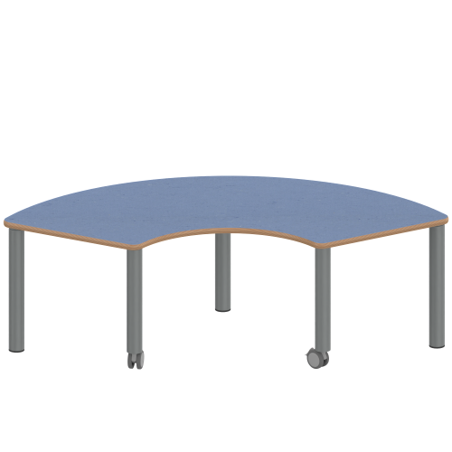 Tisch ZALOTTI mit Linoleum-Belag Drittelkreistisch, B/H/T: 173x25x80 cm, Stahlrohrbeine Ø 60 mm, Fußvariante: fahrbar, Tischbeine mit RAL-Farbe 9006 (weißaluminium)