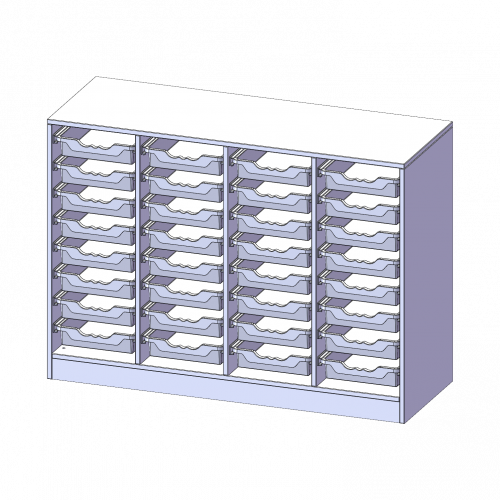 ErgoTray Regal, vierreihig, 2,5 Ordnerhöhen - evo180 Serie B/H/T: 138,7x100x50 cm, mit Sockel (81 mm), 32 flache ErgoTray Boxen