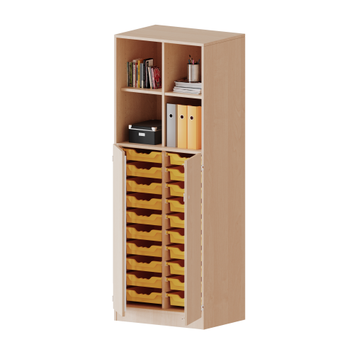 ErgoTray Kombi-Schrank, zweireihig, 5 Ordnerhöhen - evo180 Serie B/H/T: 70,3x190x50 cm, unten 3 OH Türen und 20 flache ErgoTray Boxen, oben 2 OH Regal, Sockel, mit Mittelwand