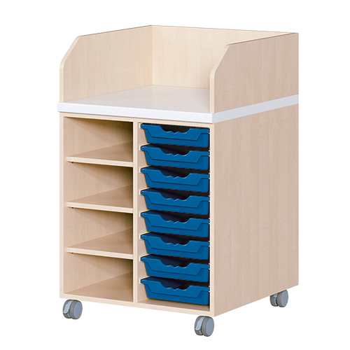 Wickelkommode, zweireihig, fahrbar B/H/T: 70,5x111,5x91,5 cm, Regal links, 8 Boxen rechts