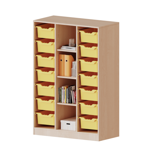 ErgoTray Regal, dreireihig, 4 Ordnerhöhen - evo180 Serie B/H/T: 104,5x154x40 cm, mit Sockel (81 mm), rechts und links je 7 hohe ErgoTray Boxen, 4 Fächer in der Mitte