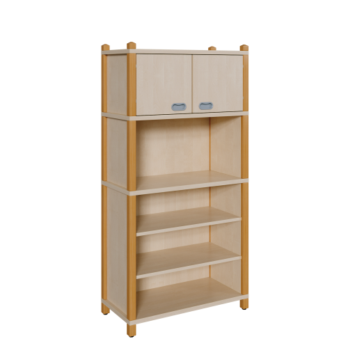 Stollen-Kombischrank mit oberer Doppeltür und unterem Regalteil B/H/T: 106x160x40 cm, oben 2 Türen mit Einlegeböden und Mittelwand, unten Regalfächer, Mitte mit großem offenen Fach