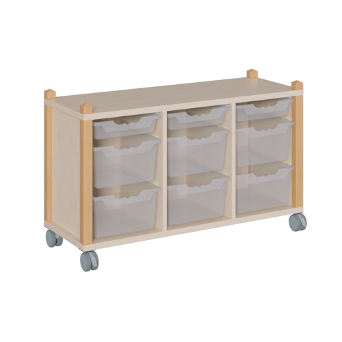 fahrbares Regal in Stollenbauweise B/H/T: 109x62,5x40 cm, in 3 Reihen 3 flache und 6 hohe ErgoTray-Boxen