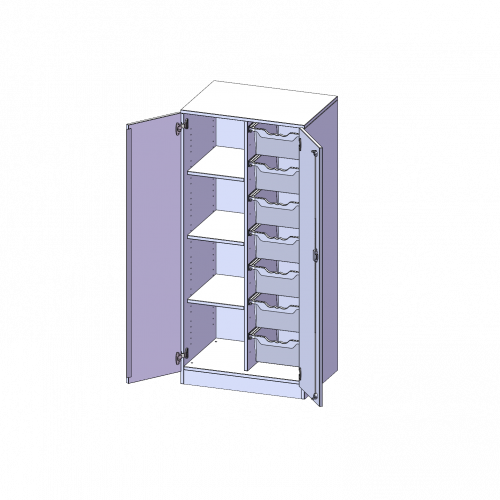 ErgoTray Schrank, zweireihig, 4 Ordnerhöhen - evo180 Serie B/H/T: 70,3x154x50 cm, zweitürig, mit Sockel (81 mm), mit 7 hohen ErgoTray Boxen
