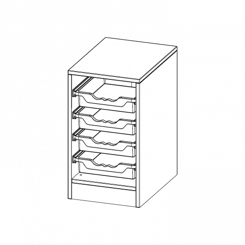 ErgoTray Regal, einreihig, 1,5 Ordnerhöhen - evo180 Serie B/H/T: 36,1x64x50 cm, mit Sockel (81 mm), 4 flache ErgoTray Boxen