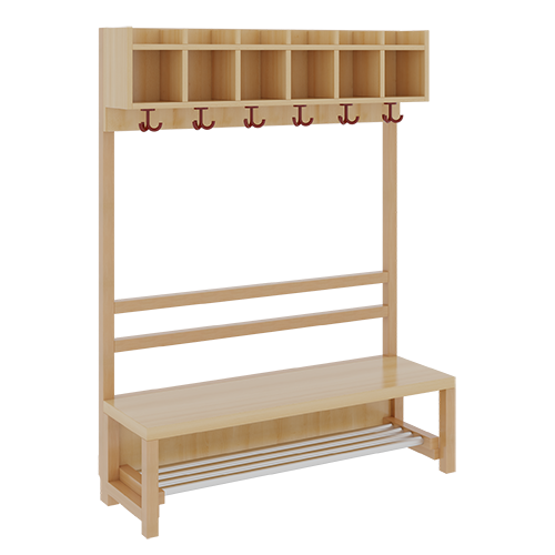 Komplettgarderobe mit einfacher Ablagereihe B/H/T: 120x130x39 cm, 6 Plätze, Sitzhöhe: 26 cm, offene Stütze in Buche-massiv, mit Schuhrost aus Aluminiumrohren