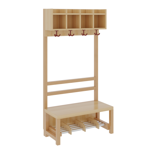 Komplettgarderobe mit einfacher Ablagereihe B/H/T: 80x130x39 cm, 4 Plätze, Sitzhöhe: 34 cm, offene Stütze in Buche-massiv, Schuhrost aus Aluminiumrohren mit Facheinteilungen