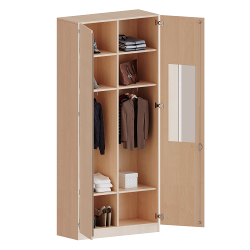 Garderobenschrank mit Spiegel und Garderobenstange, 6 Ordnerhöhen - Serie evo180 B/H/T: 100x226x40 cm, 2 Türen, abschließbar, mit Mittelwand, beide Seiten Garderobe, Sockel