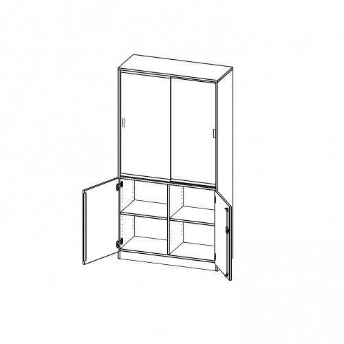 Kombischrank, 5 Ordnerhöhen, Drehtüren unten (2 OH), Glasschiebetüren oben (3 OH) - Serie evo180 B/H/T: 120x190x50 cm, alle Türen abschließbar, mit Sockel (81 mm)