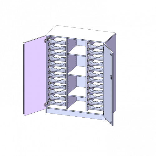 ErgoTray Schrank, dreireihig, 3,5 Ordnerhöhen - evo180 Serie B/H/T: 104,5x136x50 cm, zweitürig, mit Sockel (81 mm), mit 24 flachen ErgoTray Boxen