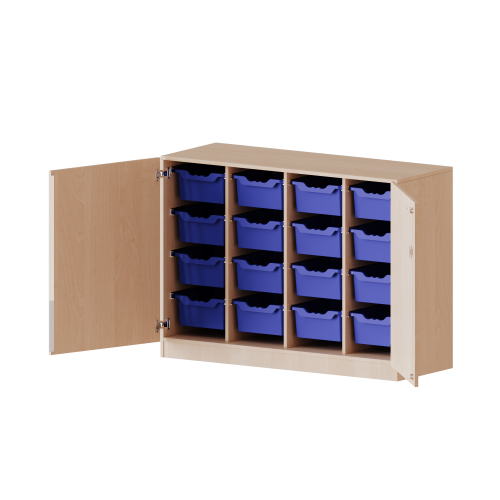 ErgoTray Schrank, vierreihig, 2,5 Ordnerhöhen - evo180 Serie B/H/T: 138,7x100x50 cm, zweiteilig, zweitürig, mit Möbelstellfüßen, mit 16 hohen ErgoTray Boxen