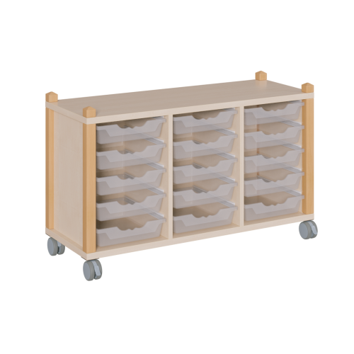 fahrbares Regal in Stollenbauweise B/H/T: 109x62,5x40 cm, in 3 Reihen 15 flache ErgoTray-Boxen